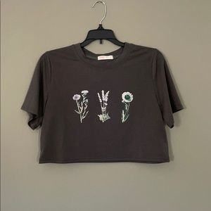 Gray Flower Crop Top T Shirt